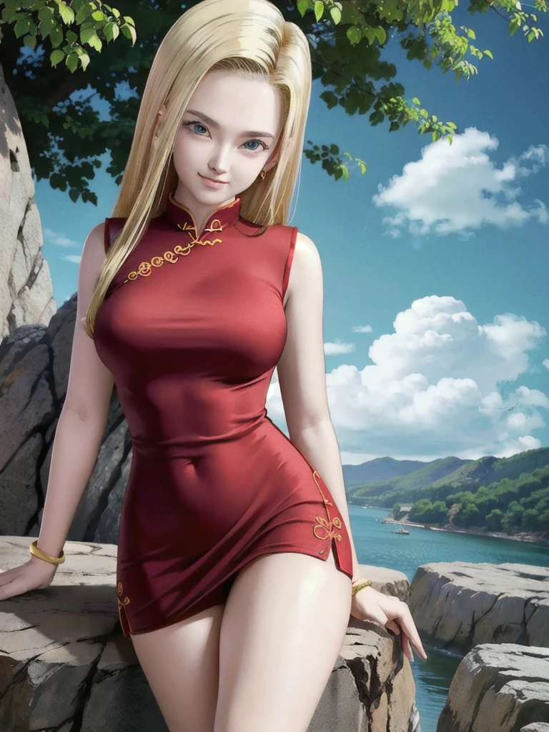 android 18,blonde hair, (((Long Straight Hair))), blue eyes, ((Long Slit Red cheongsam)), Red sexy cheongsam, Red, (Big Breasts), looking at the audience,face smile, close-up, portrait, river, rock, tree, blue sky, high quality, masterpiece, sexy body, 8K resolution, detailed faces, detailed finger