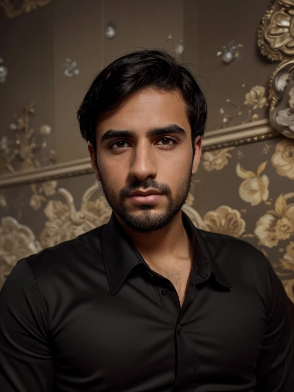 A 30-year-old boy, victorian era, Delgado, short stature, , Medium Athletic Body, short black hair, black eyes, Oval face, narrow chin, Short neck, Arab boy, Latin boy, dark skin, heavy lower lips, Almond eyes, Mid-Eye Angle, wide and short nose, nose slightly turned up, little voluminous cheeks, Perfect straight eyebrows, Small eyebrows, Enigmatic look, small beard, Dark plain long sleeve shirt, black bow tie, long black pants, Transparent background,