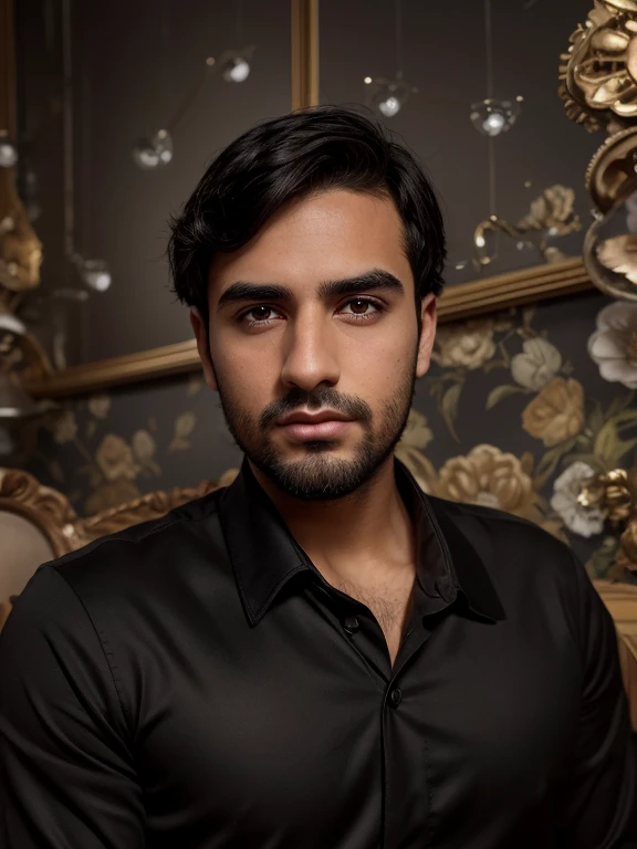 A 30-year-old boy, victorian era, Delgado, short stature, , Medium Athletic Body, short black hair, black eyes, Oval face, narrow chin, Short neck, Arab boy, Latin boy, dark skin, heavy lower lips, Almond eyes, Mid-Eye Angle, wide and short nose, nose slightly turned up, little voluminous cheeks, Perfect straight eyebrows, Small eyebrows, Enigmatic look, small beard, Dark plain long sleeve shirt, black bow tie, long black pants, Transparent background,