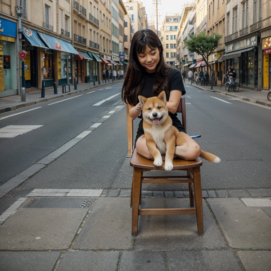shiba inu puppy kawaii happy realistic seat on a chair in street of marseille city