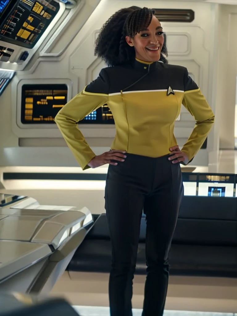 Tawny newsome in yellow sttldunf uniform,on starship bridge, large breasts, black trousers, smiling