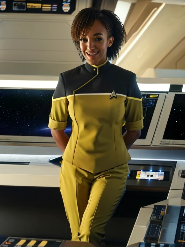 Tawny newsome in yellow sttldunf uniform,on starship bridge, large breasts, black trousers, smiling