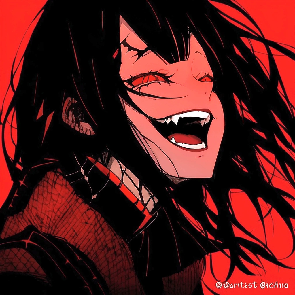 Evil woman, psycho laugh, loca, White hair, thick white eyelashes, fangs, demonic, echidna re:zero, crazy laugh, pure evil, black clothes, red tones, happy expression