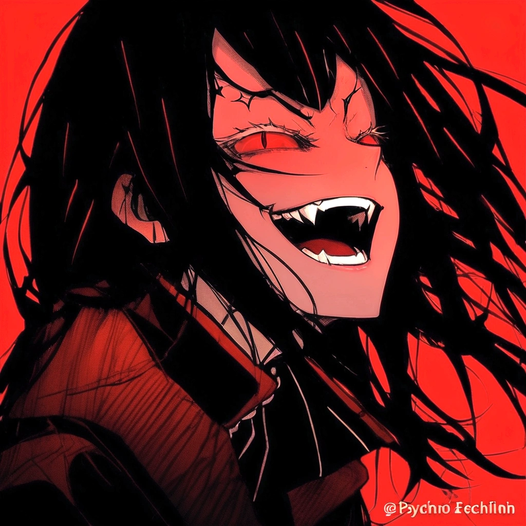 Evil woman, psycho laugh, loca, White hair, thick white eyelashes, fangs, demonic, echidna re:zero, crazy laugh, pure evil, black clothes, red tones, happy expression