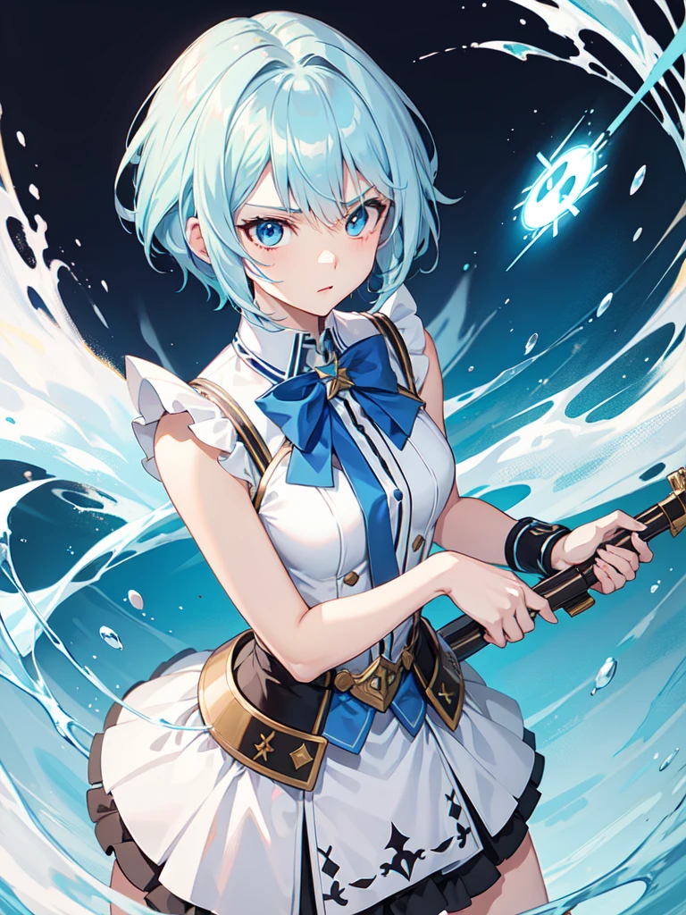 1 girl, light blue hair, light hair hair, sharp eyes, light blue eyes, sleeveless combat dress, bow, serious look, masterpiece, high quality, fantasy eyepatch, unique eyepatch, short hair, short hair, very short hair