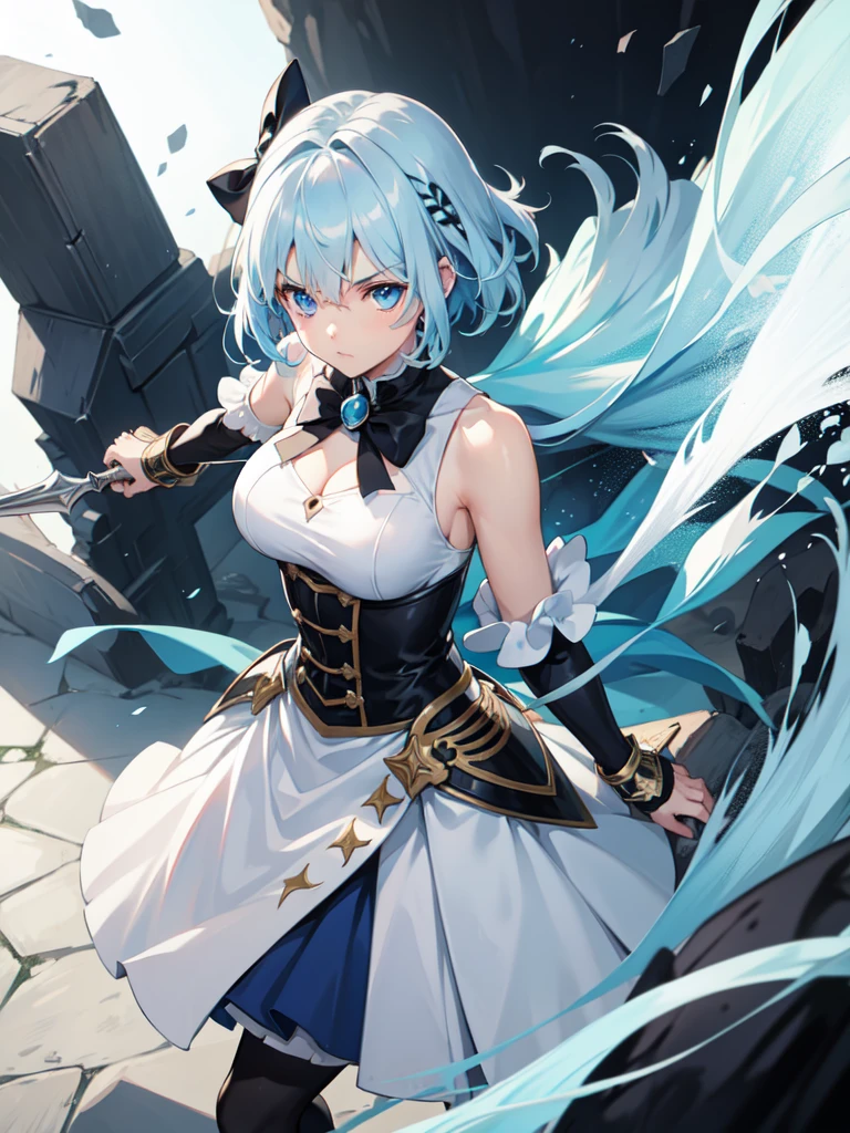 1 girl, light blue hair, light hair hair, sharp eyes, light blue eyes, sleeveless combat dress, bow, serious look, masterpiece, high quality, fantasy eyepatch, unique eyepatch, short hair, short hair, very short hair