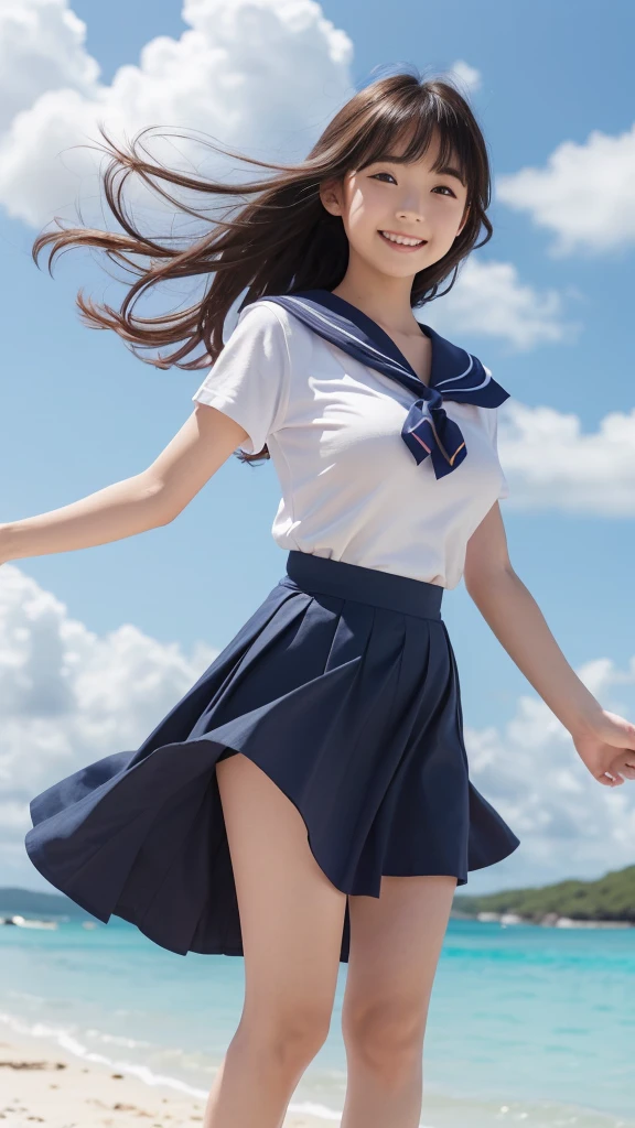 1girl,(((Okinawa ocean)))、(((White sand beaches in Okinawa)))、(((Just join your hands and pray)))、(((Mysterious look)))、8k UHD、Digital single-lens reflex camera、High resolution、Shallow depth of field、Natural light、(((オフショルダーで腕を上げて美しい脇の下をみせてくれる)))、(((Sailor suit)))、(((navy blue super mini skirt)))、(((A sparkling, charming smile)))、(((Full body photography)) )、Small person、(((Young face)))、1 Japanese female、12 years old;beautiful girl、(Black Hair)、A strong wind blows up my skirt、(((Brown eyes)))、Glowing Skin、Smooth Thinning Hair、Long Hair、Detailed background、Detailed eyes and face、Clear Eyes、Cute smile、Calm atmosphere、(((stage)))、(((Small breasts)))、(((Beautiful Eyes)))、Flat chest、Children、(((Toned thighs))) 、(((Angle from below) ))、(((Fine lips)))、(((Skirt fluttering)))、Shining beautiful legs、( Skirt fluttering violently in the strong wind :1.4),   (hair blowing in the strong wind:1.4), (leaning forward)、barefoot、barefoot、((((A skirt flipped up by a strong wind))))