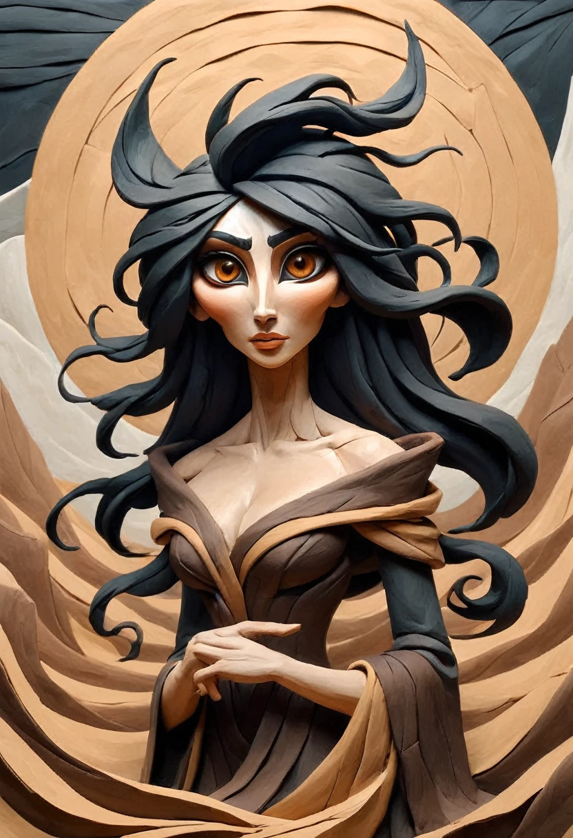 painting of a claymation woman with flowing black hair, peter mohrbacher, gorgeous brown eyes, surreal, fantasy design, textured, ample cleavage, dark brown eye color, masterpiece, intricate origami paper art background, paper-cut, abstract painted landscape, bak, high detail, ais-drkclymtn 