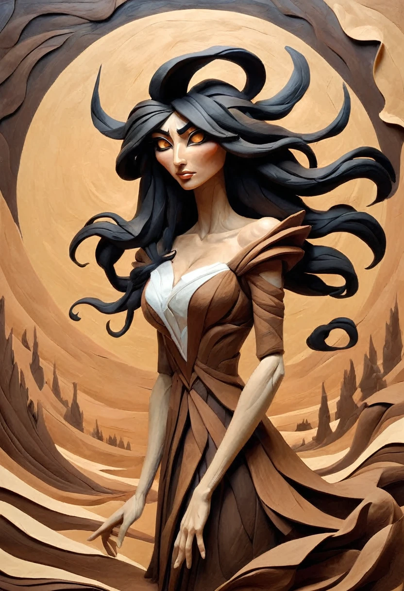 painting of a claymation woman with flowing black hair, peter mohrbacher, gorgeous brown eyes, surreal, fantasy design, textured, ample cleavage, dark brown eye color, masterpiece, intricate origami paper art background, paper-cut, abstract painted landscape, bak, high detail, ais-drkclymtn 