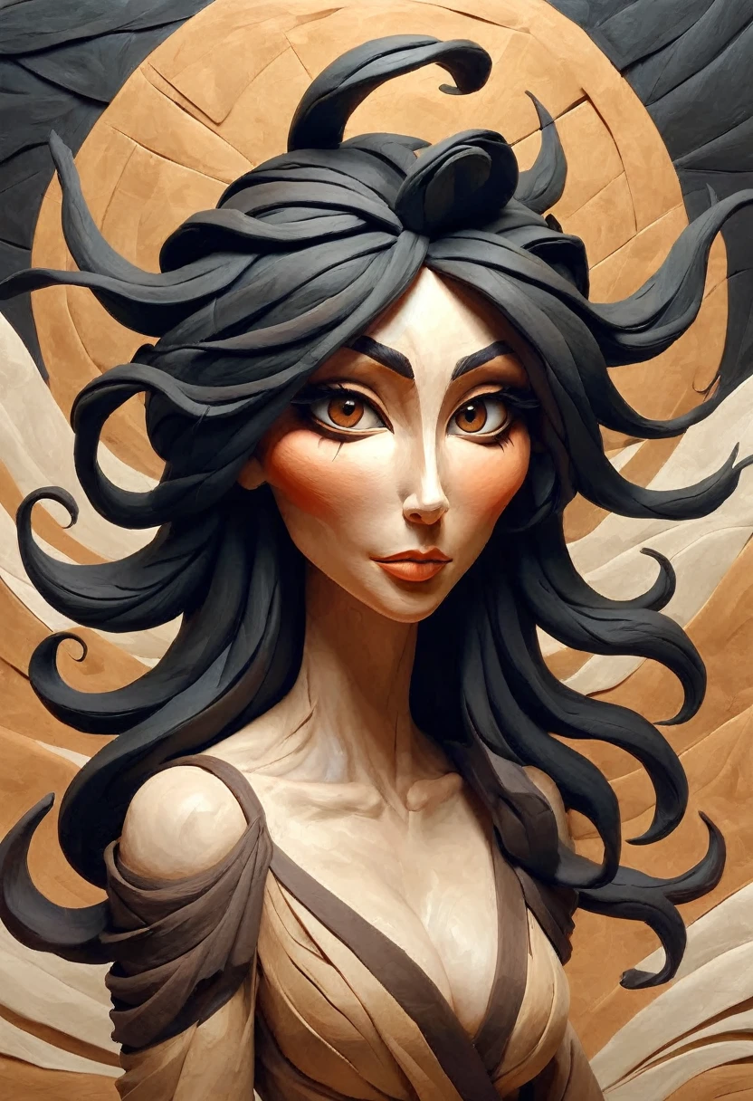 painting of a claymation woman with flowing black hair, peter mohrbacher, gorgeous brown eyes, surreal, fantasy design, textured, ample cleavage, dark brown eye color, masterpiece, intricate origami paper art background, paper-cut, abstract painted landscape, bak, high detail, ais-drkclymtn 