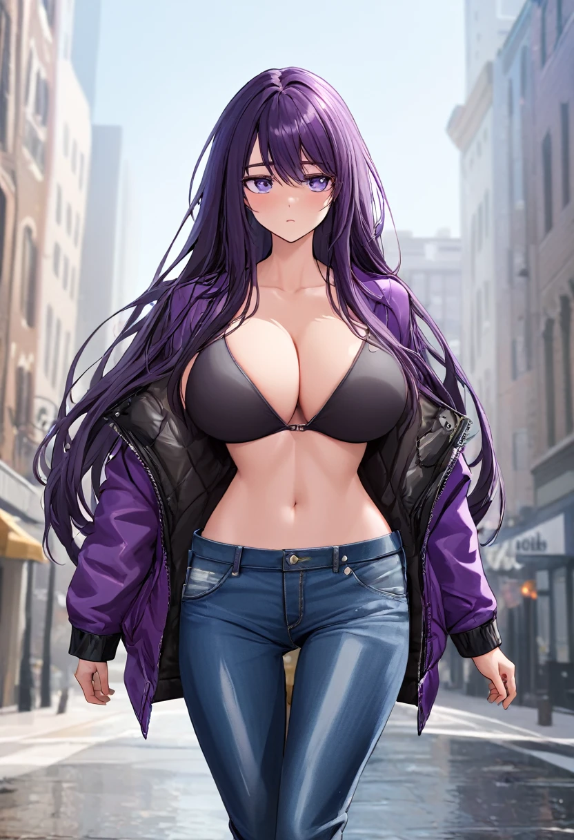 (masterpiece:1.37), best quality, (extremely detailed:1.37), woman, (very long hair:1.5), dark purple hair, purple eyes, (extremely detailed eyes:1.37), wetting self, large breasts, stylish jacket, jeans, (open fly:1.5), cleavage, navel, city, high-tech, street