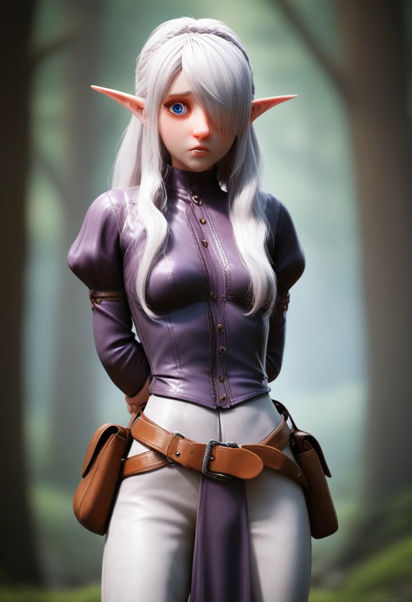 ((Best Quality)), (Masterpiece)), (Details: 1.4), Absurd Resolution, High Resolution, (Masterpiece: 1.4), Ultra Detailed, detailed gnome girl with pale skin, short stature, and very long silver hair that curls at the ends, covering one eye, with small breasts, pouty lips, and bright blue anime-style eyes with long lashes, wearing a corset, white puffy long sleeved shirt, and puffy cloth pants, leather bound boots, set in a windy fantasy landscape, (best quality,4k,8k,highres,masterpiece:1.2),ultra-detailed, dungeons and dragons, long elf ears, small girl, detailed skin and cloth textures, cute detailed face, intricate details, extremely detailed, 1girl, dynamic pose with hair covering one eye, shy personality, puffy cloth pants with leather belt, detailed privateer outfit, detailed buccaneer outfit, pouch on belt, leather armor, fur