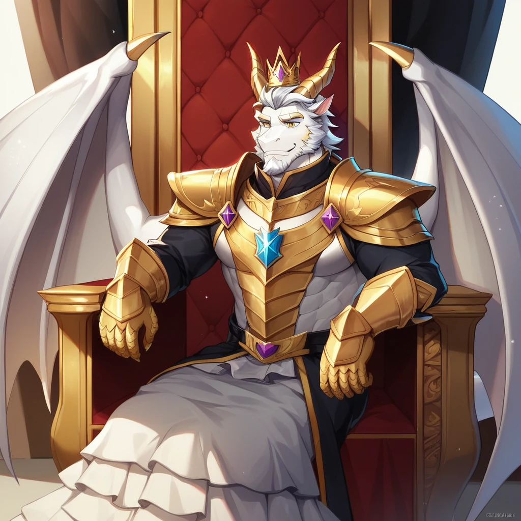 Score_9, score_8_up, score_7_up, source_cartoon, Anthro male, A golden dragon, gold dragon with silver highlights on scales, platinum dragon wings, yellow eyes, short white hair, white beard, wearing kings armor, crown on head, sitting on an elegant throne,