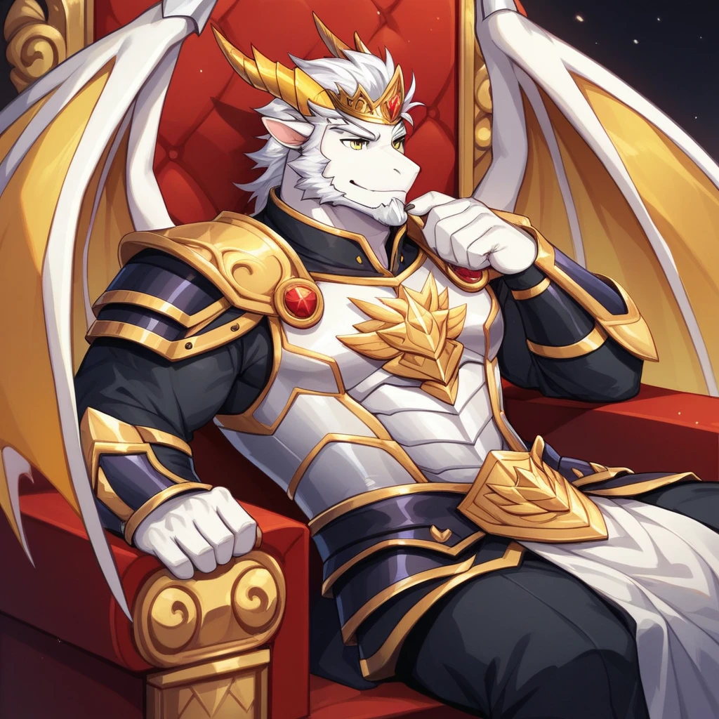 Score_9, score_8_up, score_7_up, source_cartoon, Anthro male, A golden dragon, gold dragon with silver highlights on scales, platinum dragon wings, yellow eyes, short white hair, white beard, wearing kings armor, crown on head, sitting on an elegant throne,