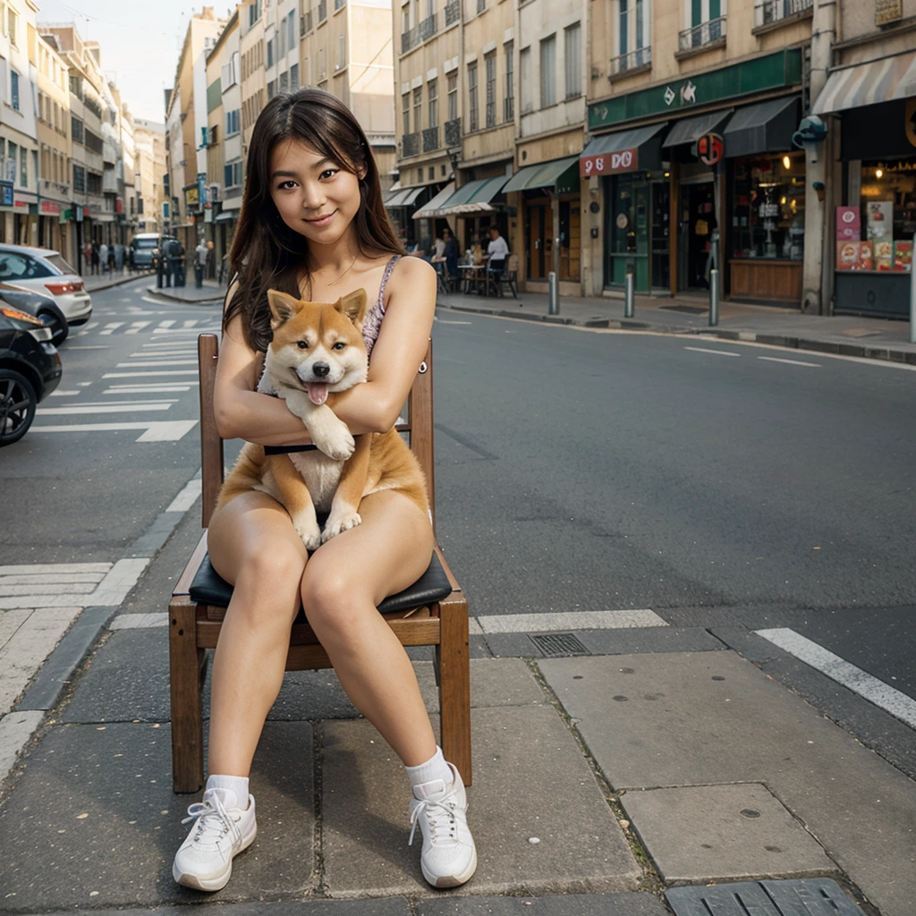 shiba inu puppy kawaii happy realistic seat on a chair in street of marseille city