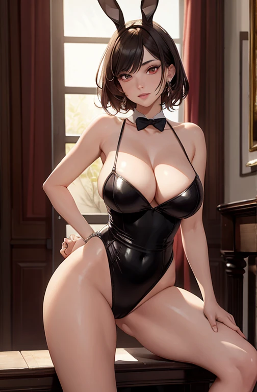 masterpiece, best quality, best lighting, shadows, portrait, perfect anatomy, bitchy, 1 girl, adult anime girl, 21 years old, bunny girl, bunny uniform, allure, erotic, mature features, pretty face, pretty lips, pretty eyes, balck short hair, red eyes, seductive eyes, blushing, flirty, pretty smile, huge ass, breast, thighs, seductive, spicy, hot, flirty, nsfw,