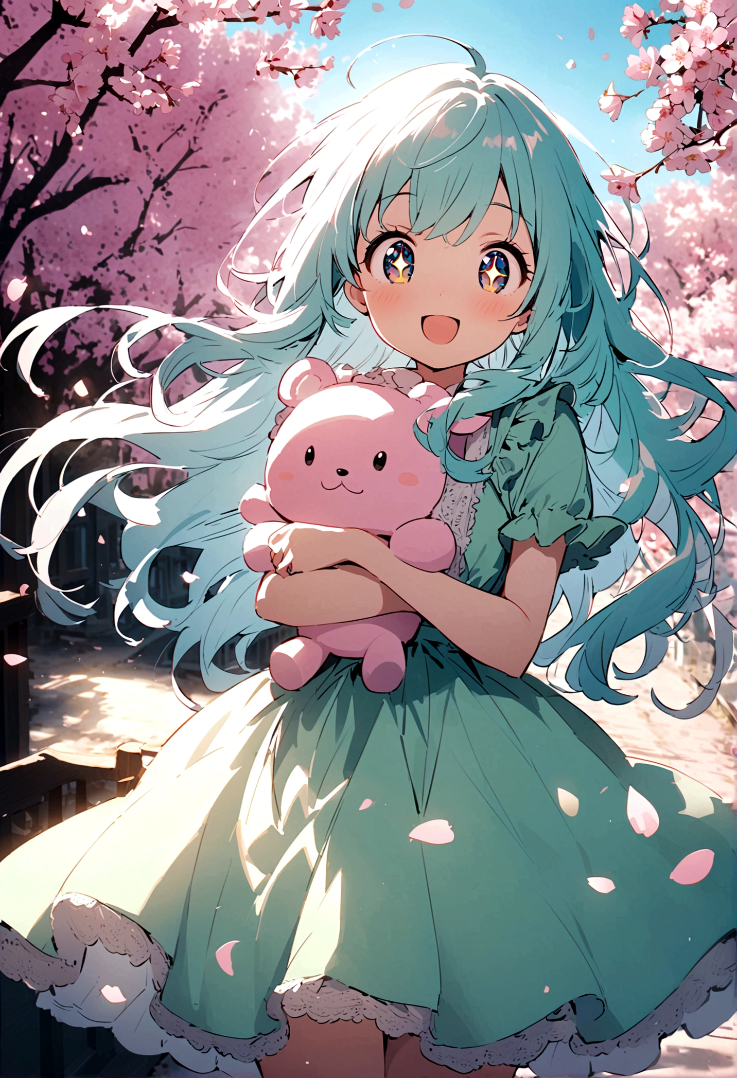 A cute anime girl with big, sparkling eyes and long, flowing hair. She wears a cute, pastel colored dress with lace and ruffles. She smiles kindly and holds a small cuddly toy in her hands. In the background are blooming cherry blossoms and a bright, clear sky