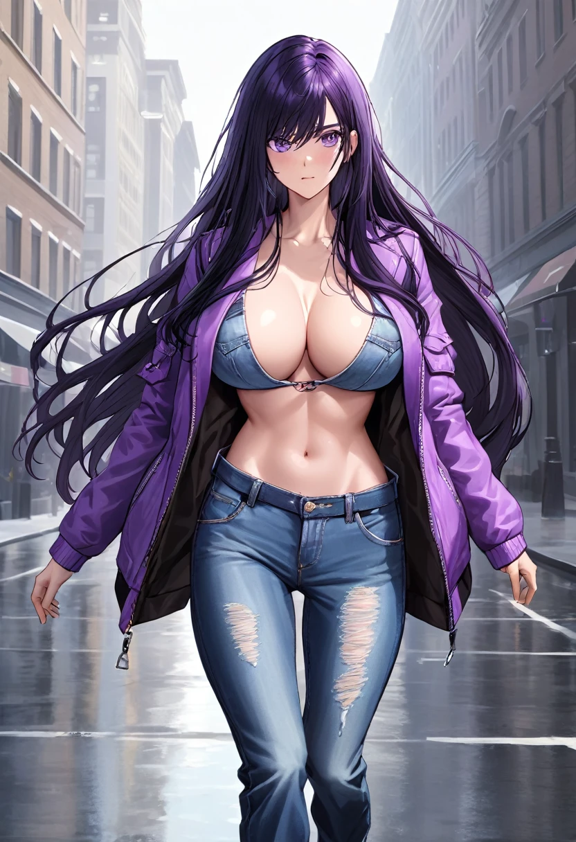 (masterpiece:1.37), best quality, (extremely detailed:1.37), woman, (very long hair:1.5), dark purple hair, purple eyes, (extremely detailed eyes:1.37), wetting self, large breasts, stylish jacket, jeans, (open fly:1.5), cleavage, navel, city, high-tech, street
