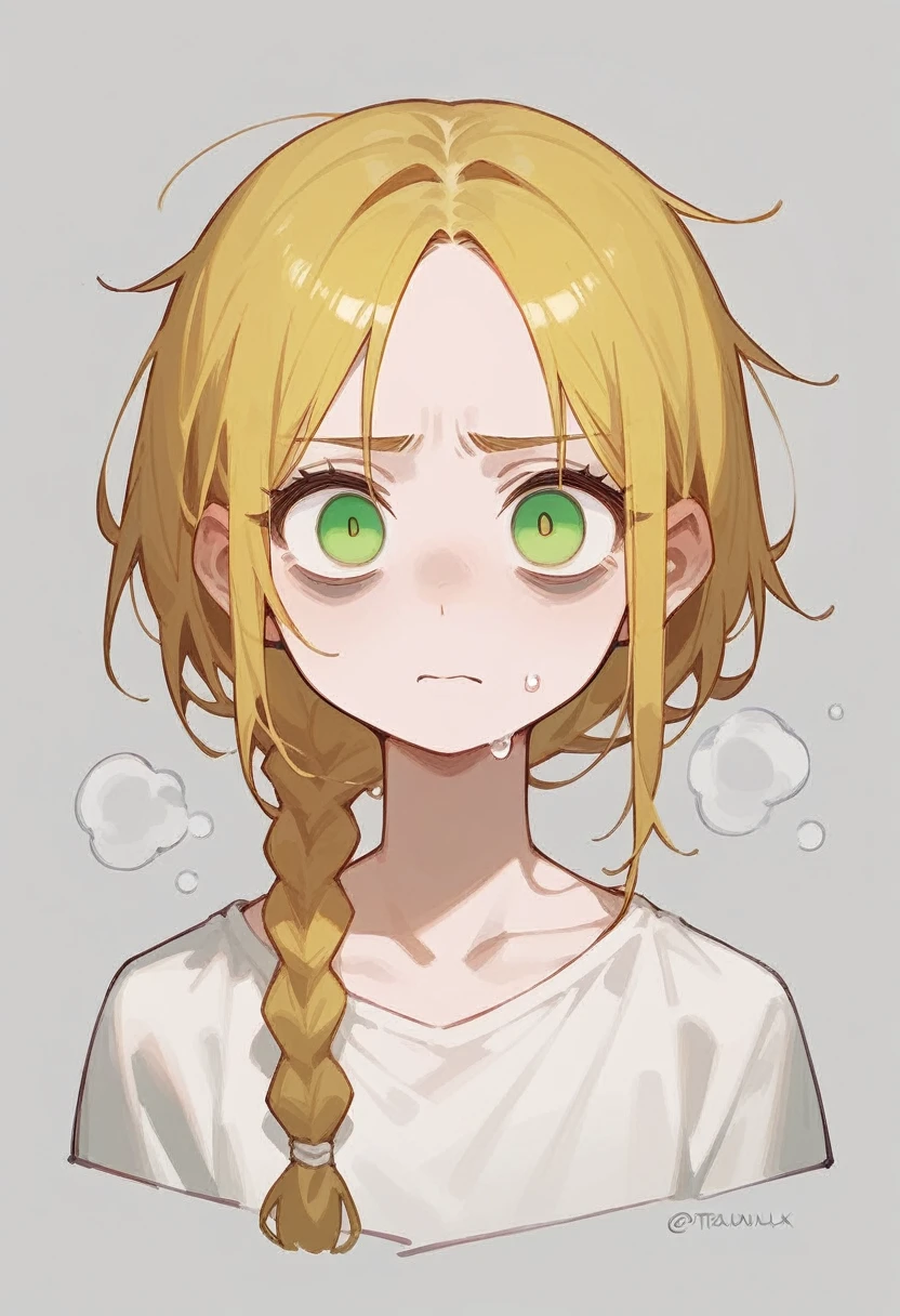 Girl, green eyes, yellow hair tied, shot at the eye, empty eye expression, cold face