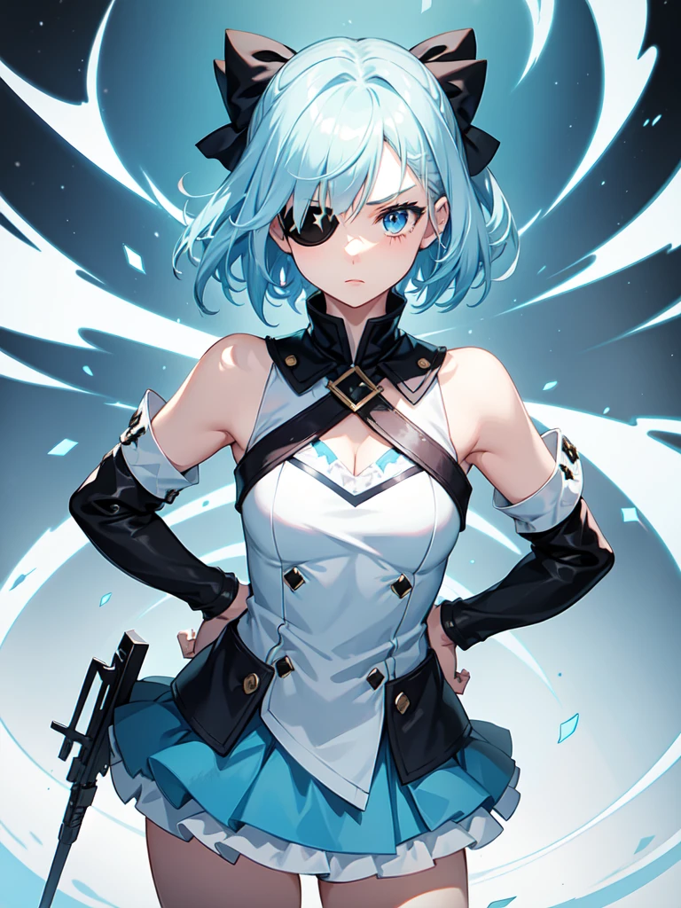 1 girl, light blue hair, light hair hair, sharp eyes, light blue eyes, sleeveless combat dress, bow, serious look, masterpiece, high quality, fantasy eyepatch, unique eyepatch, short hair, short hair, very short hair, unique hair, special hair