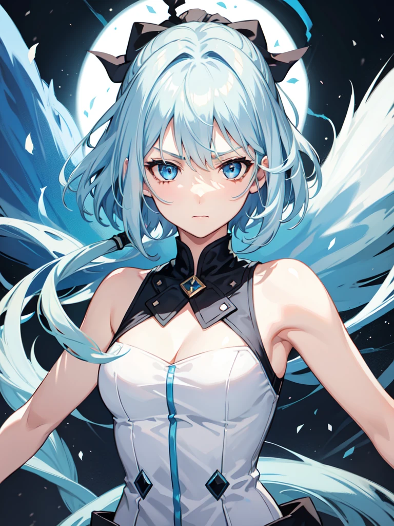 1 girl, light blue hair, light hair hair, sharp eyes, light blue eyes, sleeveless combat dress, bow, serious look, masterpiece, high quality, fantasy eyepatch, unique eyepatch, short hair, short hair, very short hair, unique hair, special hair