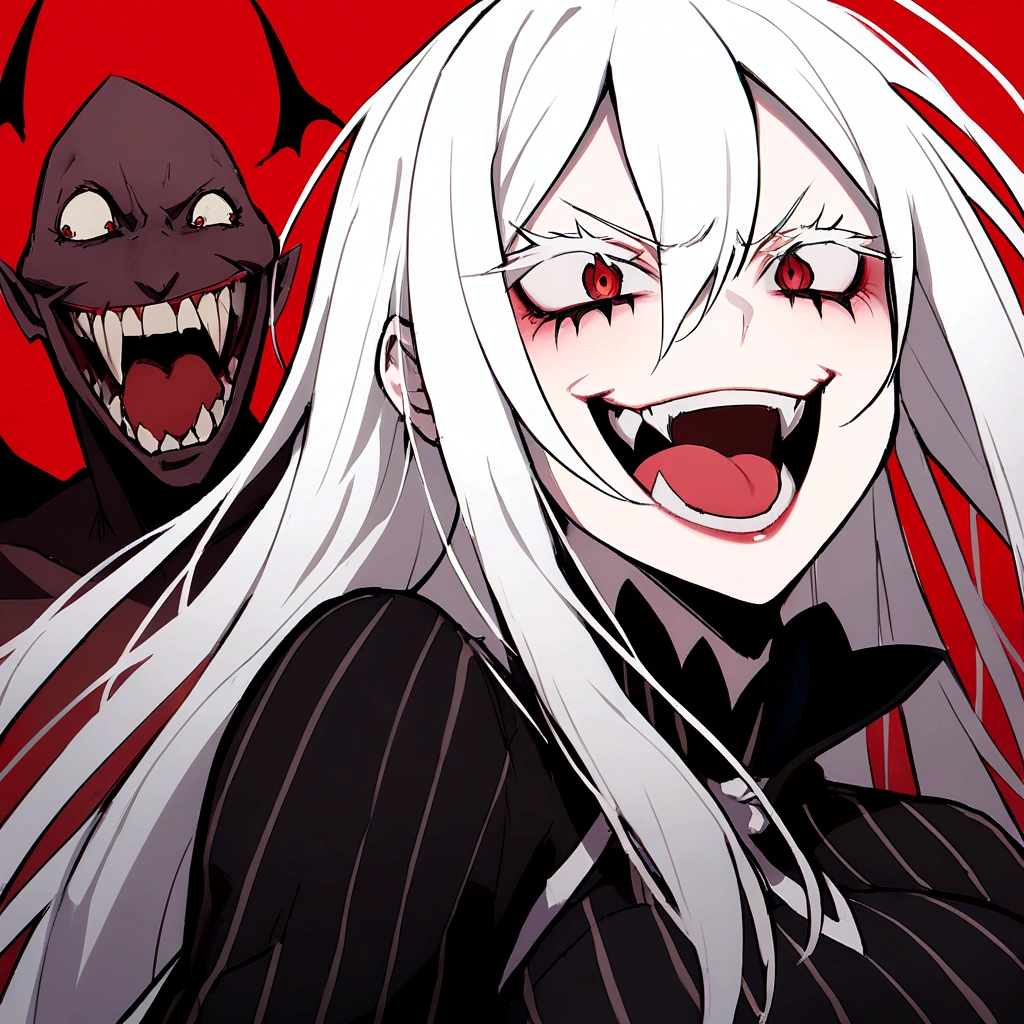 Evil woman, psycho laugh, loca, White hair, thick white eyelashes, fangs, demonic, echidna re:zero, crazy laugh, pure evil, black clothes, red tones, happy expression, big breasts