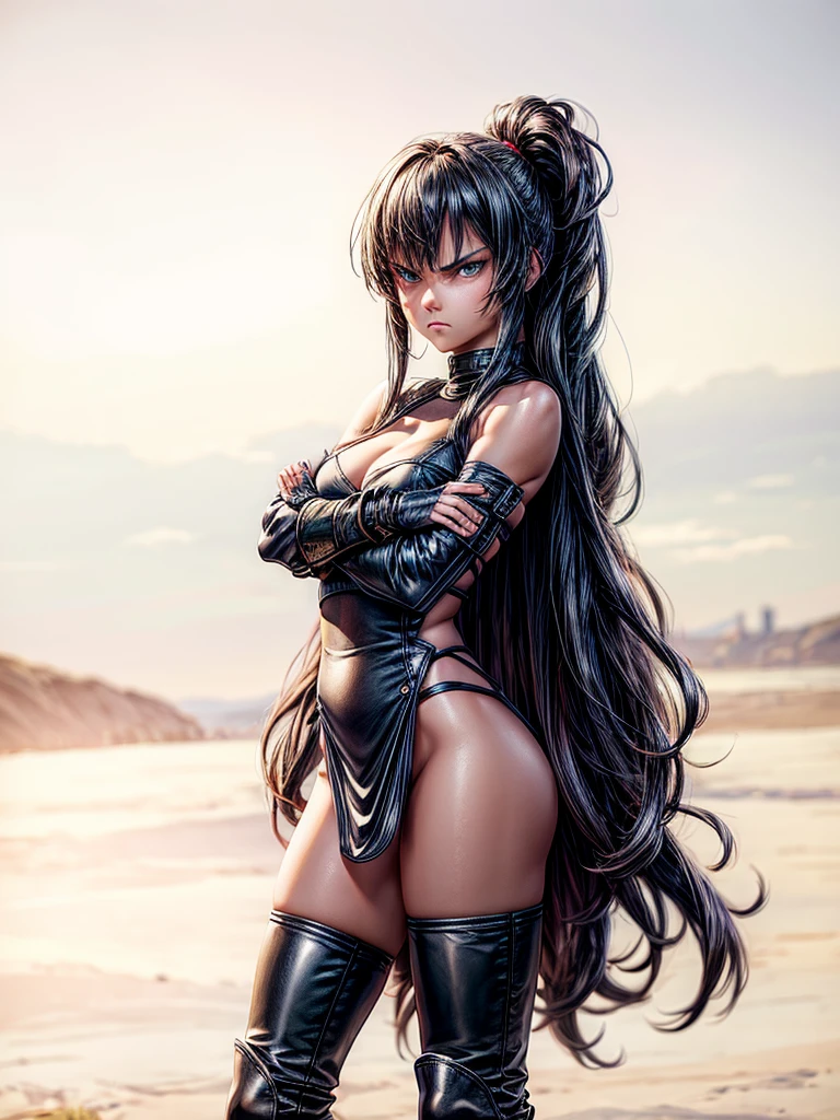 Sexy warrior girl with arms crossed, angry expression on the face, shorth hair, layer, leather outfit, long boots, mitts, beautiful face, athletic body, cosplay medieval, medieval fantasy style image, gazing at viewer, detailled image