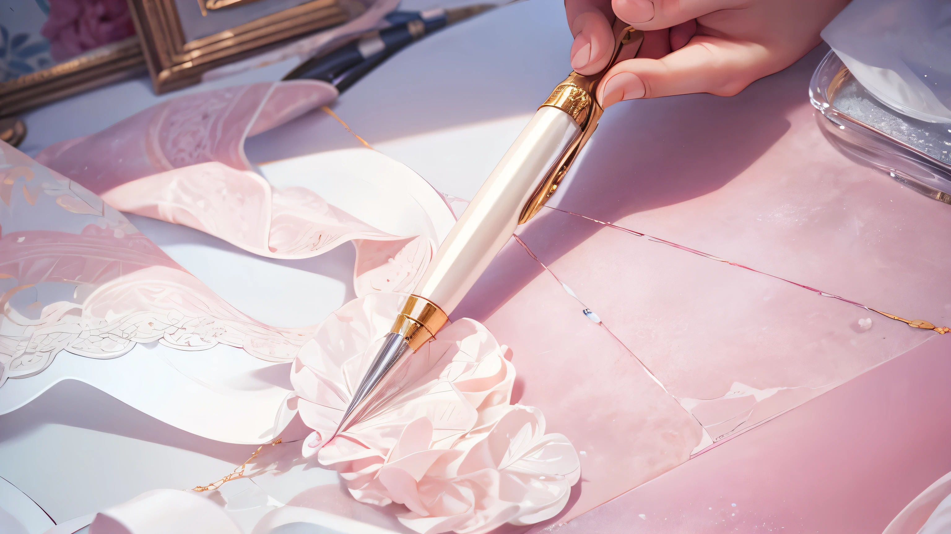 Pale pink marble pattern, pastel color, Jewel-like beauty, Elegant, classy, no shadows, white background --no human, cracked, writing brush, three-dimensional, white, pearl, sphere