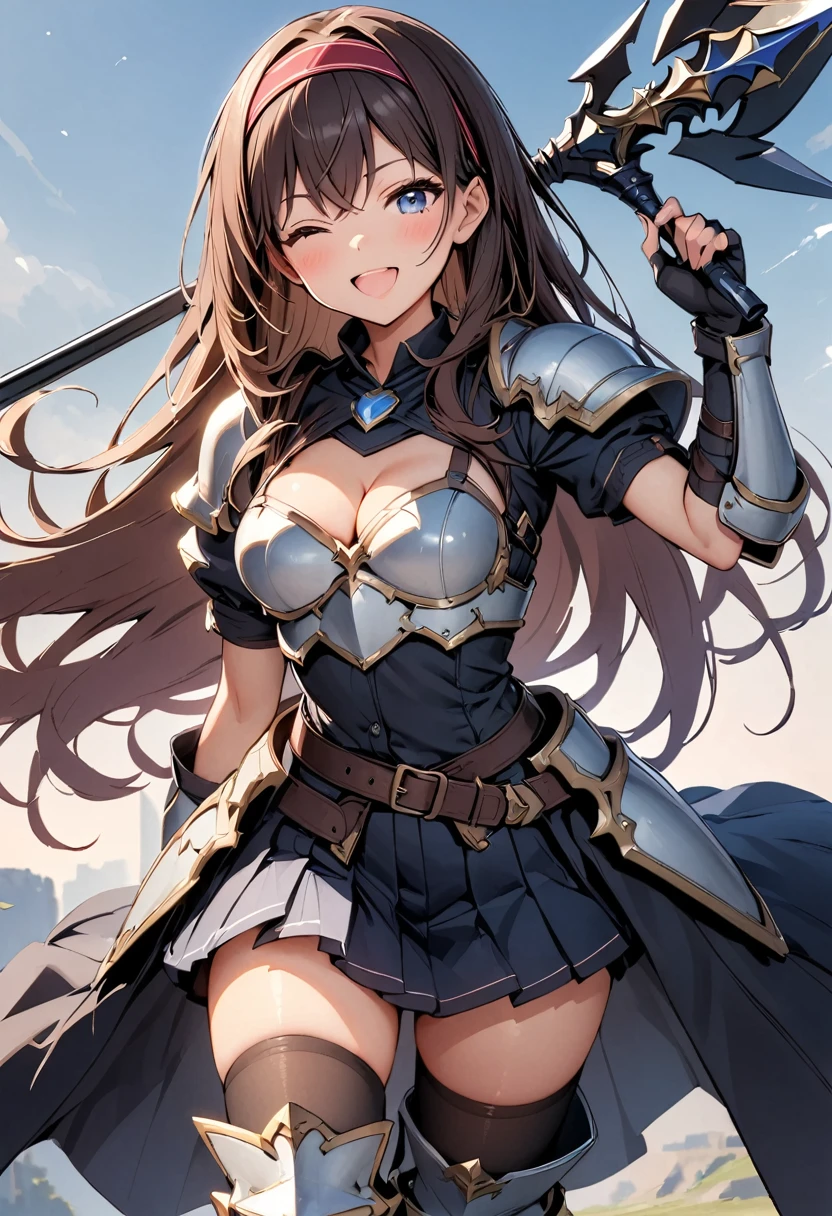 masterpiece, best quality, 1girl, solo, weapon, one-eye-closed, armor, thighhighs, polearm, skirt, brown-hair, blue-eyes, breasts, open-mouth, cleavage, smile, black-thighhighs, full-body, hairband, boots, medium-breasts, spear, armored-boots, gloves, fingerless-gloves, ;d, pleated-skirt, greaves, shoulder-armor, belt, holding, looking-at-viewer, holding-weapon, pauldrons, simple-background, zettai-ryouiki, very-long-hair, gauntlets, breastplate, red-hairband, black-gloves, outline, standing, blush, armored-dress
