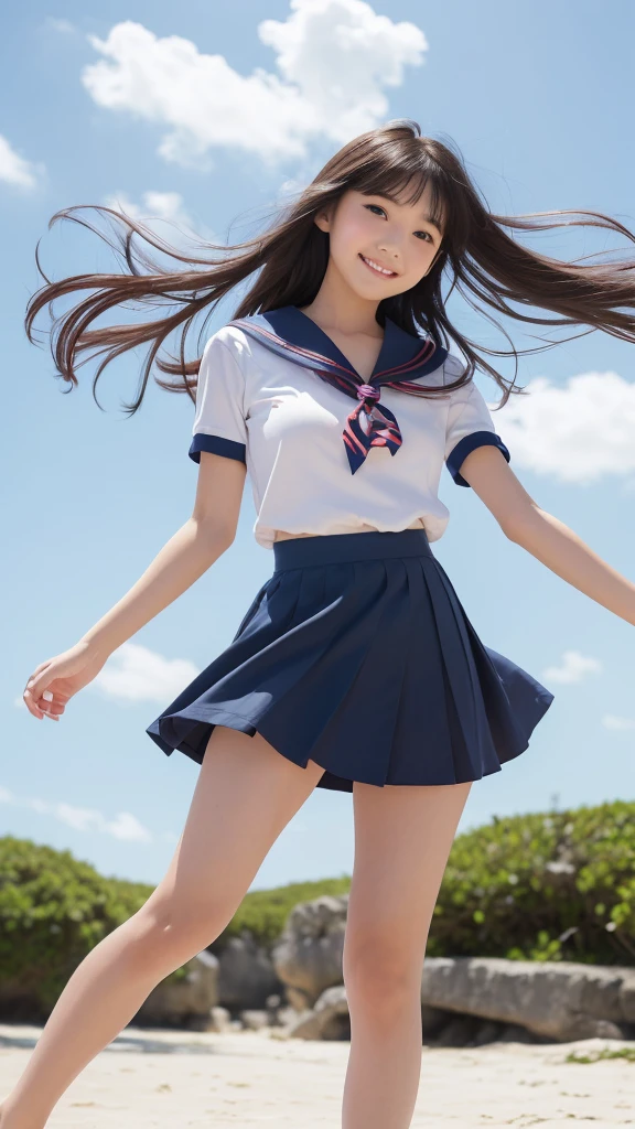 1girl,(((Okinawa ocean)))、(((White sand beaches in Okinawa)))、(((Just join your hands and pray)))、(((Mysterious look)))、8k UHD、Digital single-lens reflex camera、High resolution、Shallow depth of field、Natural light、(((オフショルダーで腕を上げて美しい脇の下をみせてくれる)))、(((Sailor suit)))、(((navy blue super mini skirt)))、(((A sparkling, charming smile)))、(((Full body photography)) )、Small person、(((Young face)))、1 Japanese female、12 years old;beautiful girl、(Black Hair)、A strong wind blows up my skirt、(((Brown eyes)))、Glowing Skin、Smooth Thinning Hair、Long Hair、Detailed background、Detailed eyes and face、Clear Eyes、Cute smile、Calm atmosphere、(((stage)))、(((Small breasts)))、(((Beautiful Eyes)))、Flat chest、Children、(((Toned thighs))) 、(((Angle from below) ))、(((Fine lips)))、(((Skirt fluttering)))、Shining beautiful legs、( Skirt fluttering violently in the strong wind :1.4),   (hair blowing in the strong wind:1.4), (leaning forward)、barefoot、barefoot、((((A skirt flipped up by a strong wind))))