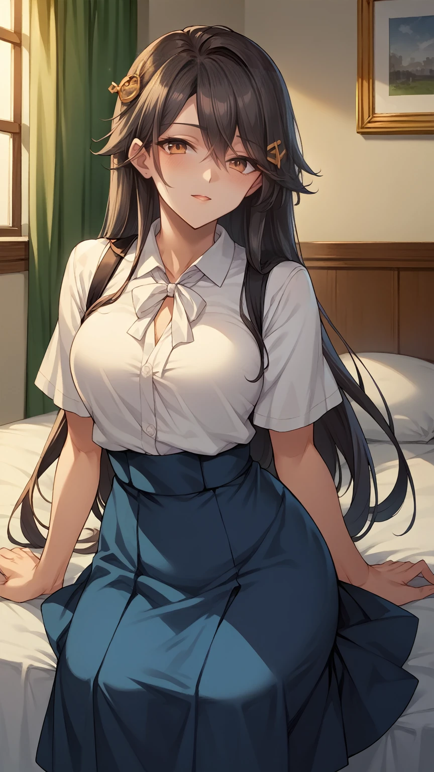 score_9, score_8_up, score_7_up, source_anime, game cg, harunakainiKC, long hair, skirt, hair ornament,White shirt Blue skirt  ,smile,parted lips, HOTEL ON the bed
