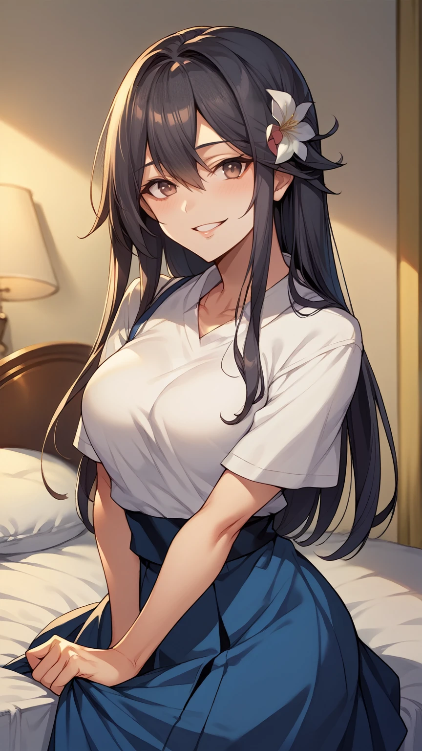 score_9, score_8_up, score_7_up, source_anime, game cg, harunakainiKC, long hair, skirt, hair ornament,White shirt Blue skirt  ,smile,parted lips, HOTEL ON the bed