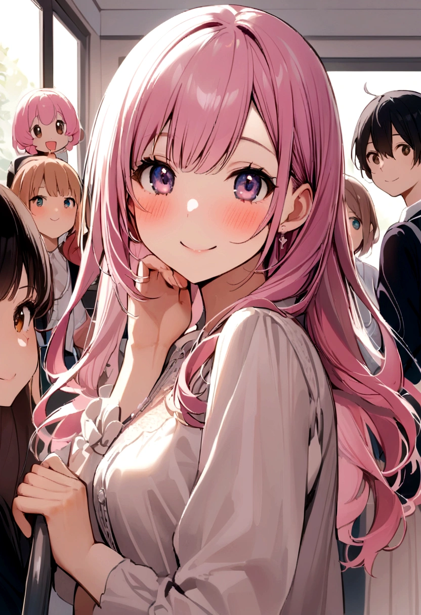 classroom、Classmate、Affable、Easy to talk to、Gentle、Surrounded by friends、smile、Girl with pink hair
