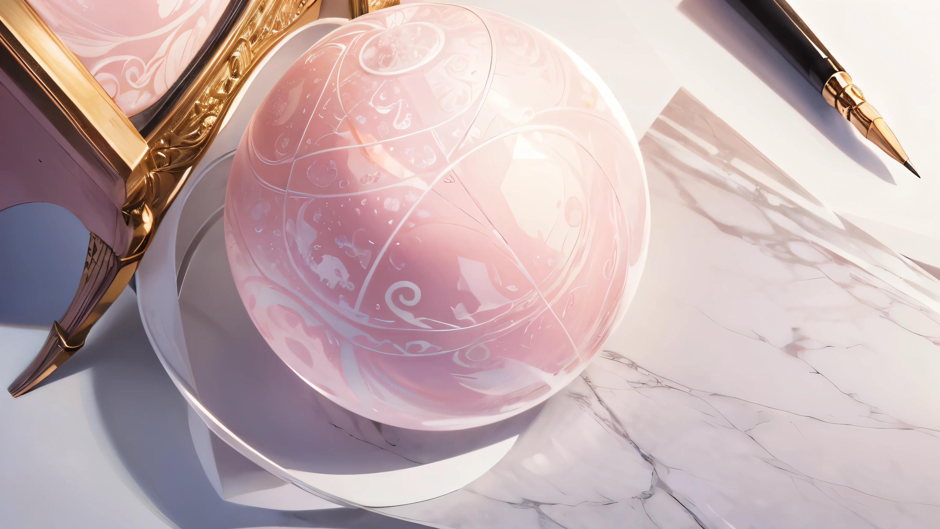 Pale pink marble pattern, pastel color, Jewel-like beauty, Elegant, classy, no shadows, white background --no human, cracked, writing brush, three-dimensional, white, pearl, sphere