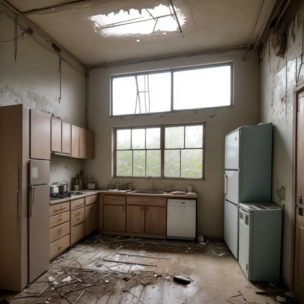Abandoned kitchen, post-war, No people, puddle of water, infiltration on the wall and ceiling, refrigerator with rusty door between open and stain of infiltration, wooden cabinet with rusty door between open and stain of infiltration, floor with floor with stains of infiltration and missile on the floor next to the refrigerator, plants on the ceiling and wall invading the space.
Soft light coming in through the open wooden window with broken glass.
Intricate details, simple and spontaneous lines, humorous, graphic illustration style, 4k definition with measurements of 3840 x 2160 pixels, front view of the scene.
