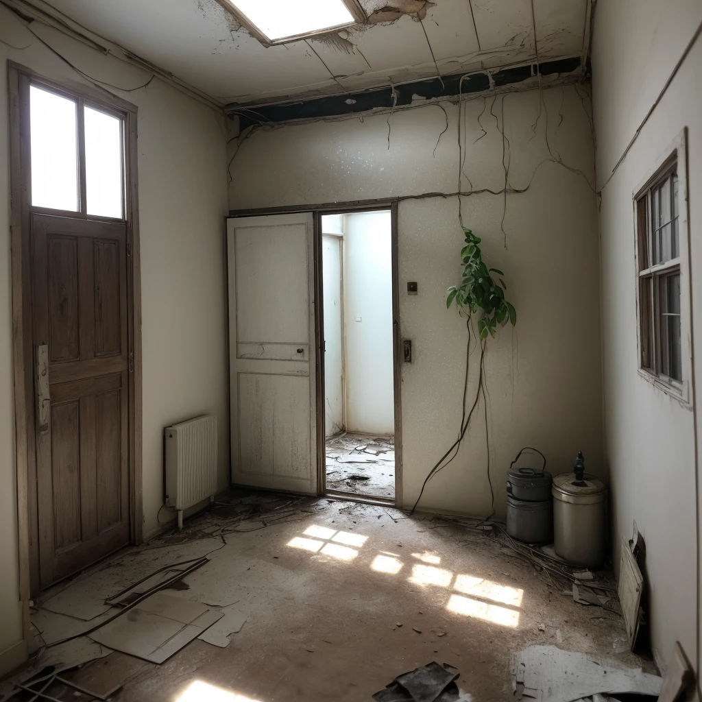 Abandoned kitchen, post-war, No people, puddle of water, infiltration on the wall and ceiling, refrigerator with rusty door between open and stain of infiltration, wooden cabinet with rusty door between open and stain of infiltration, floor with floor with stains of infiltration and missile on the floor next to the refrigerator, plants on the ceiling and wall invading the space.
 Soft light coming in through the open wooden window with broken glass.
 Intricate details, simple and spontaneous lines, humorous, graphic illustration style, 4k definition with measurements of 3840 x 2160 pixels, front view of the scene.