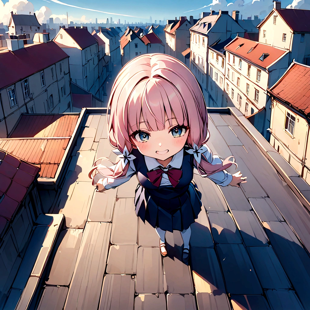 、Pink haired school girl、Rooftop、expensive、Top view、The ground is visible
