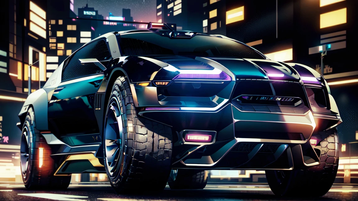 black futusiticc Sprot Car, Metalic Black with purple Stripes, driving through the futuristic City by night