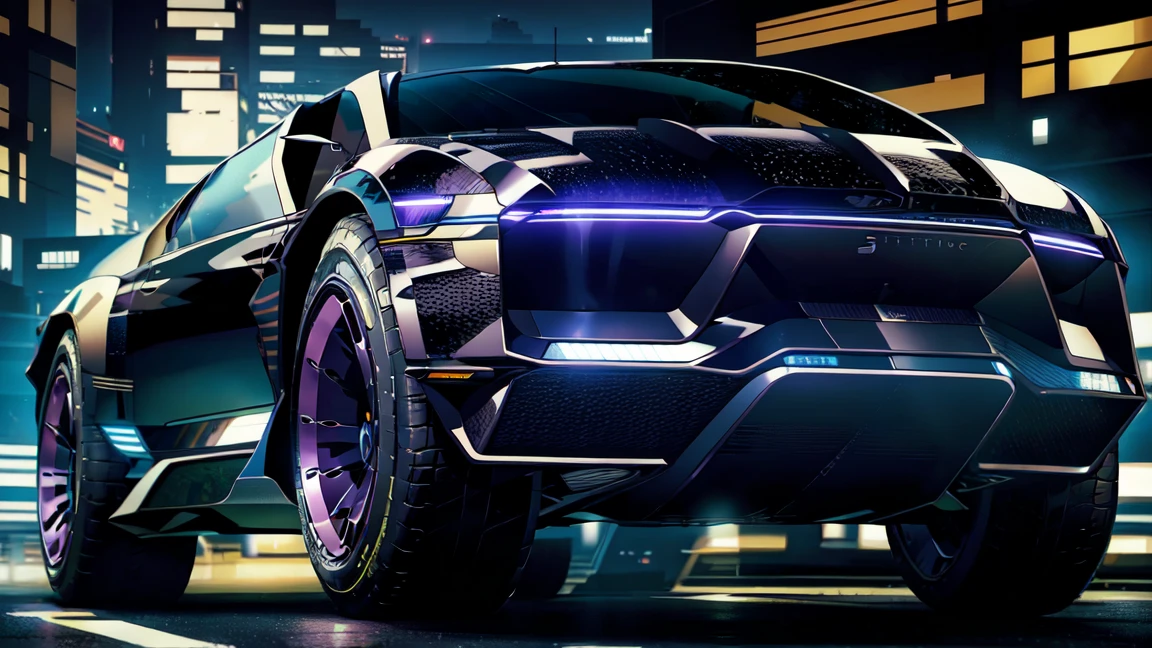 black futusiticc Sprot Car, Metalic Black with purple Stripes, driving through the futuristic City by night