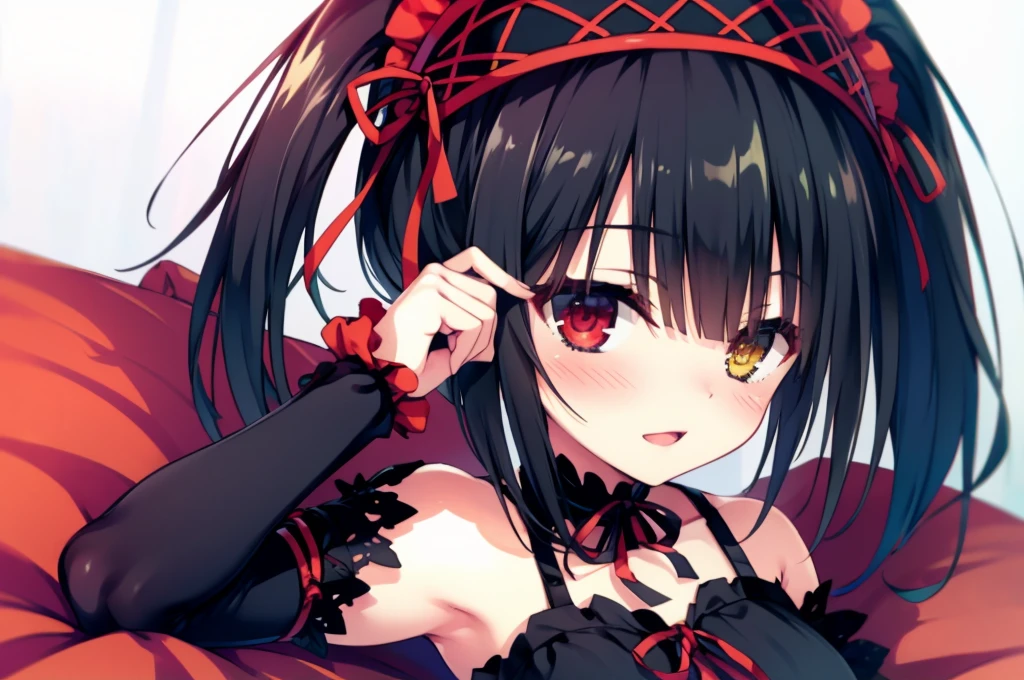 KurumiBase, (clock eyes), heterochromia, twintails, hairband, red dress, frills, detached sleeves, frilled choker,Lying down,bed,Blushing,View your viewers,Open Mouth Smile,Face close up,Simple Background,,best image quality,highest quality