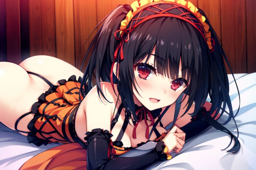 KurumiBase, (clock eyes), heterochromia, twintails, hairband, red dress, frills, detached sleeves, frilled choker,Lying down,bed,Blushing,View your viewers,Open Mouth Smile,Face close up,Simple Background,,best image quality,highest quality