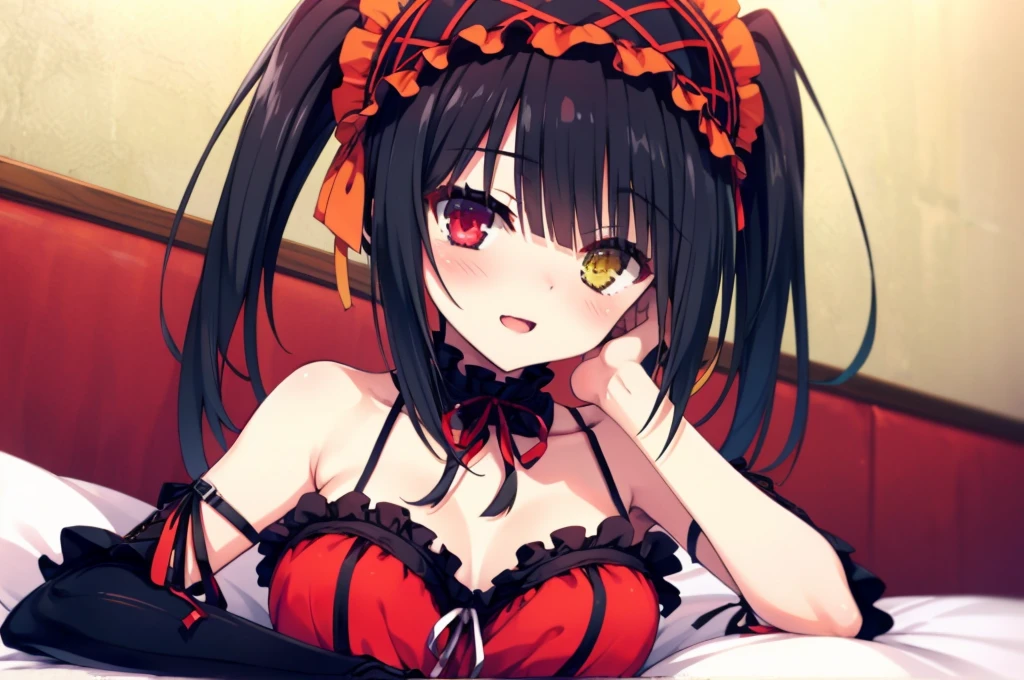 KurumiBase, (clock eyes), heterochromia, twintails, hairband, red dress, frills, detached sleeves, frilled choker,Lying down,bed,Blushing,View your viewers,Open Mouth Smile,Face close up,Simple Background,,best image quality,highest quality