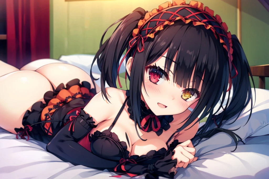 KurumiBase, (clock eyes), heterochromia, twintails, hairband, red dress, frills, detached sleeves, frilled choker,Lying down,bed,Blushing,View your viewers,Open Mouth Smile,Face close up,Simple Background,,best image quality,highest quality