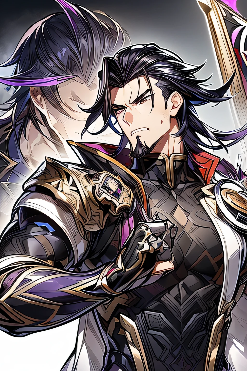 (Simple white background, Genshin Impact muscular male character, unique character, serious appearance, black suite, short, wavy and black hair, slicked back, goatee, visual novel, detailed black armor, high quality, cinematic, pose de poder, intricate details, vibrant colors, masterpiece, Genshin Impact, purple jewel on a golden coat of arms