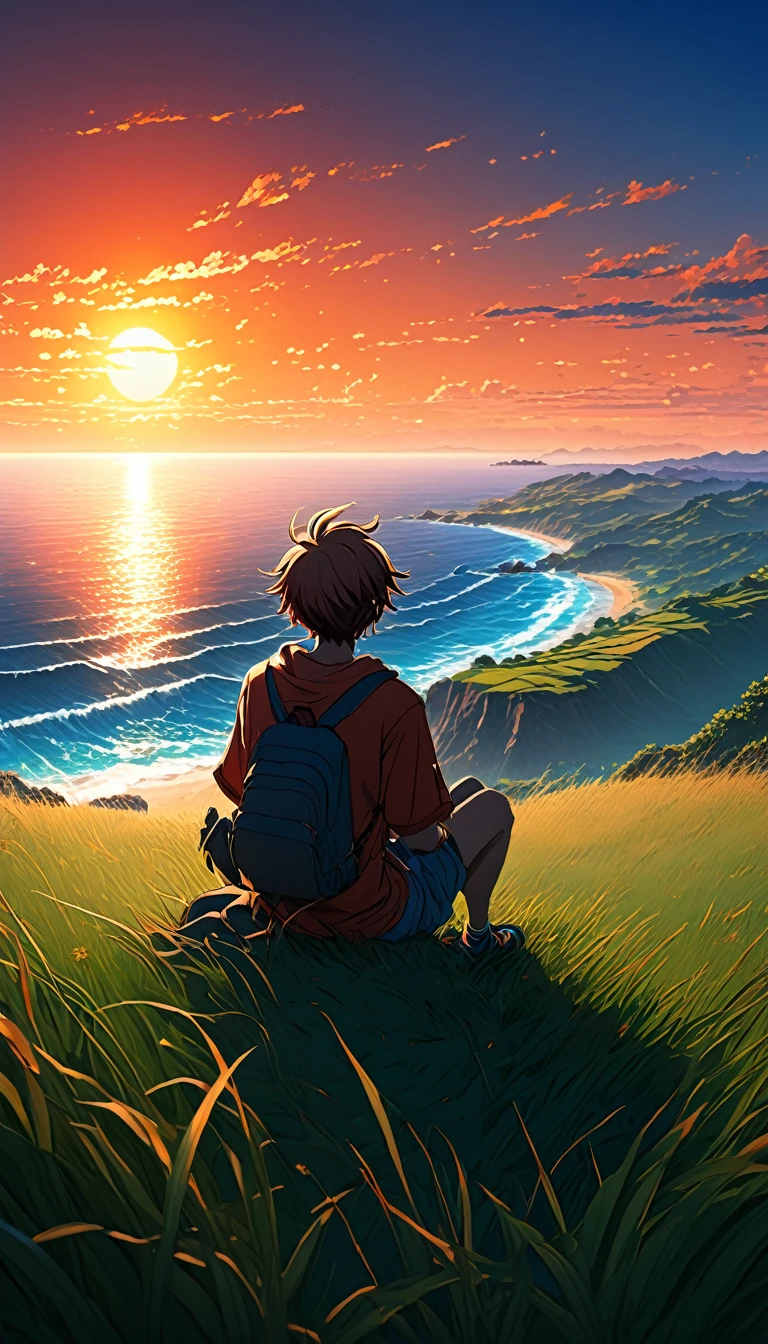 High quality, 8K Ultra HD. The image shows a sitting anime boy looking at the ocean at sunrise from a grassy hill, with a background of vibrant blue sky and red and orange tones from the sun. anime art wallpaper 4k, anime art wallpaper 4K, anime background, anime art wallpaper 8K, anime art background, anime landscape wallpaper, amazing wallpaper, high quality wallpaper definition,4k animated wallpaper,4k animated wallpaper,Aries Moross art,Bob Byerley art,AshleyWoodArtAI,greg rutkowski