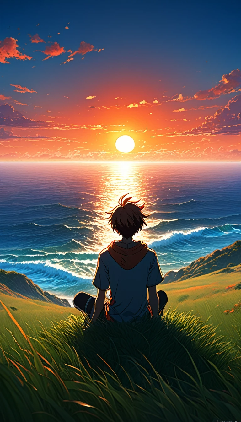High quality, 8K Ultra HD. The image shows a sitting anime boy looking at the ocean at sunrise from a grassy hill, with a background of vibrant blue sky and red and orange tones from the sun. anime art wallpaper 4k, anime art wallpaper 4K, anime background, anime art wallpaper 8K, anime art background, anime landscape wallpaper, amazing wallpaper, high quality wallpaper definition,4k animated wallpaper,4k animated wallpaper,Aries Moross art,Bob Byerley art,AshleyWoodArtAI,greg rutkowski