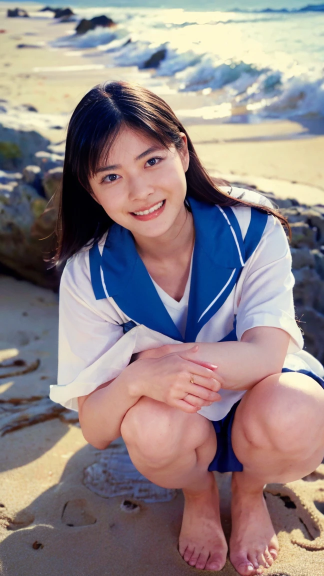 (((sunny day、Japanese 、Beach、A strong wind is blowing、Her hair and skirt are flying、squat, Scooping up seawater and spreading your hands、Traditional navy blue sailor uniform、White blouse、Pleated skirt、Scooping seawater with hands:1.25、splash、Splashing water on each other、smile、Laughter、Sandy Beach、Light of the sun、clear blue sea、The waves crash quietly、Blue sky and white clouds、Green Mountain々、Beautiful Nature、The joy of youth)))、(((Top-down configuration:1.33)))、(((8k、Highest quality、masterpiece、Ultra-high resolution)))、(Realistic:1.4)、RAW Photos、(Realistic skin texture:1.3)、(Film Grain:1.3)、((No underwear、Bend one leg))、One Girl、Beautiful and detailed eyes and face、barefoot、
