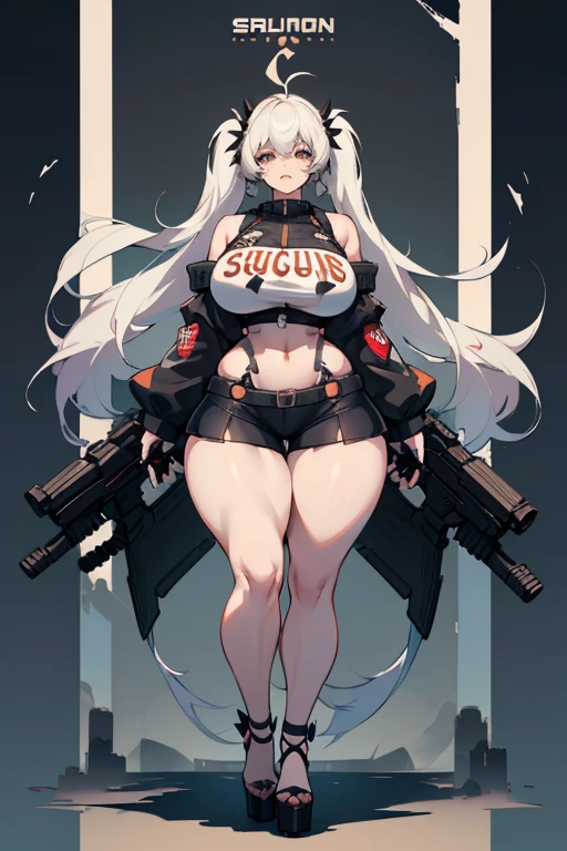 young girl, Pullover, mini bkini, whole body to see, angry look , scream, pigtails hair, (( very wide hips)), (((colossal Thighs, gigantic thighs, very huge thighs, very big thighs))), fullbody, platform heels, pale skin, very Big breast, gun, cyberpunk, soldier girl , full body,