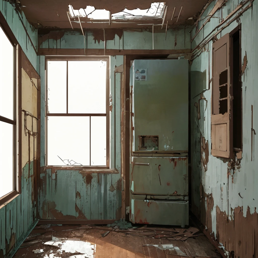 Abandoned kitchen, post-war, No people, puddle of water, infiltration on the wall and ceiling, refrigerator with rusty door between open and stain of infiltration, wooden cabinet with rusty door between open and stain of infiltration, floor with floor with stains of infiltration and missile on the floor next to the refrigerator, plants on the ceiling and wall invading the space.
 Soft light coming in through the open wooden window with broken glass.
 Intricate details, simple and spontaneous lines, humorous, graphic illustration style, 4k definition with measurements of 3840 x 2160 pixels, front view of the scene.