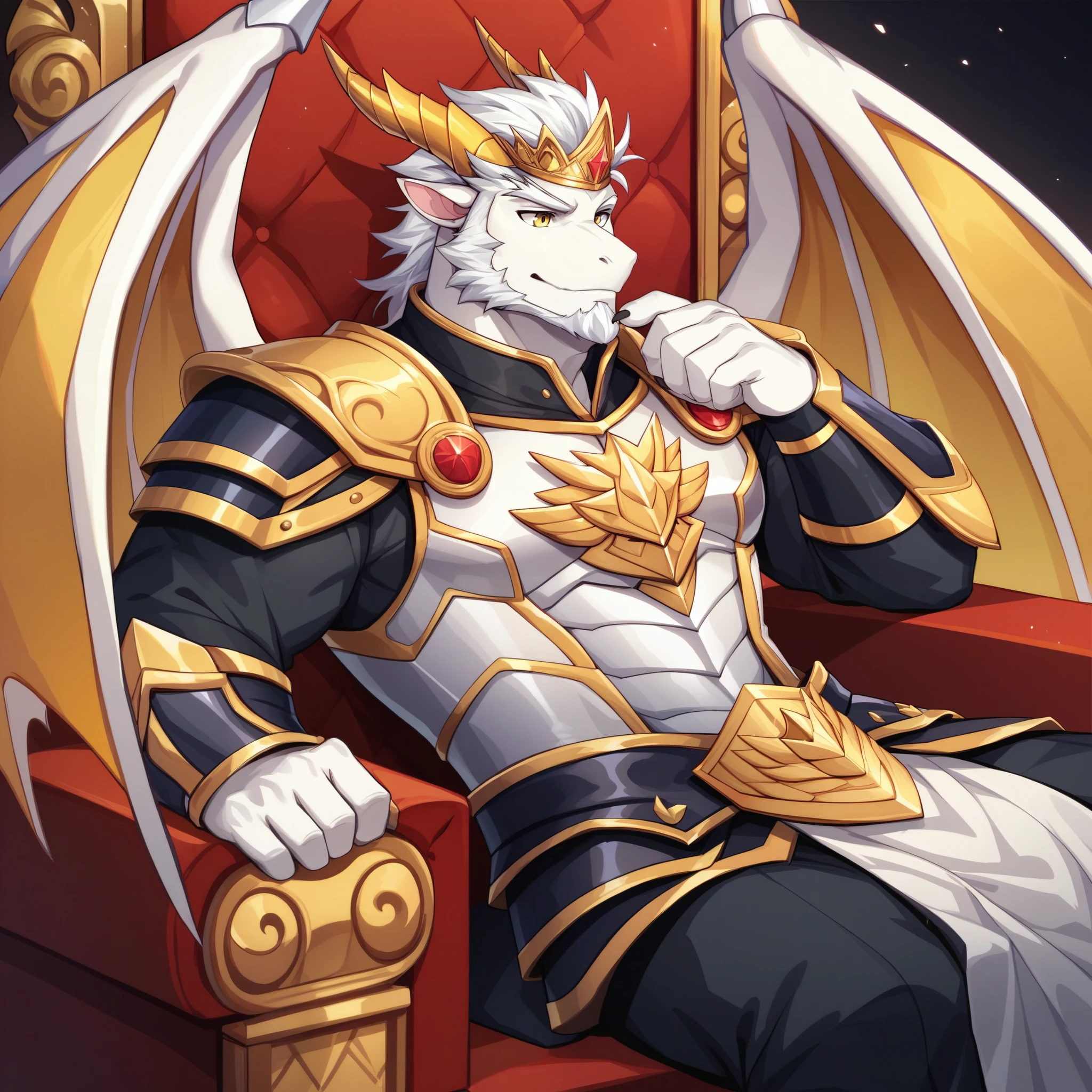 Score_9, score_8_up, score_7_up, source_cartoon, Anthro male, A golden dragon, gold dragon with silver highlights on scales, platinum dragon wings, yellow eyes, short white hair, white beard, wearing kings armor, crown on head, sitting on an elegant throne, 